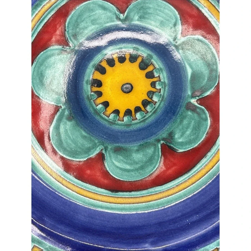 DeSimone Italy Art Ceramic Plate Signed Colorful Pottery Blue Red Flower 10 Inch